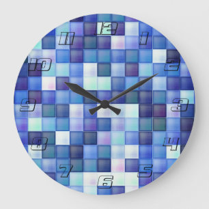 Grande Horloge Ronde Jeu vidéo Pixels Carré bleu Motif