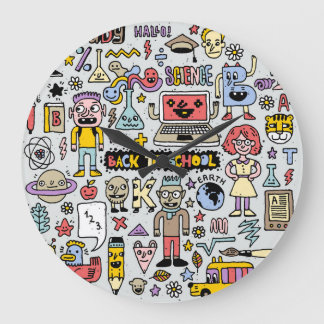 Grande Horloge Ronde Jeu Vintage de l'école Doodle coloré