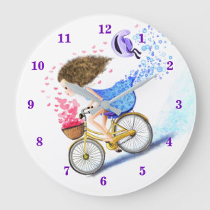 Grande Horloge Ronde Jeune Fille Heureuse À Vélo - Amour Romantique