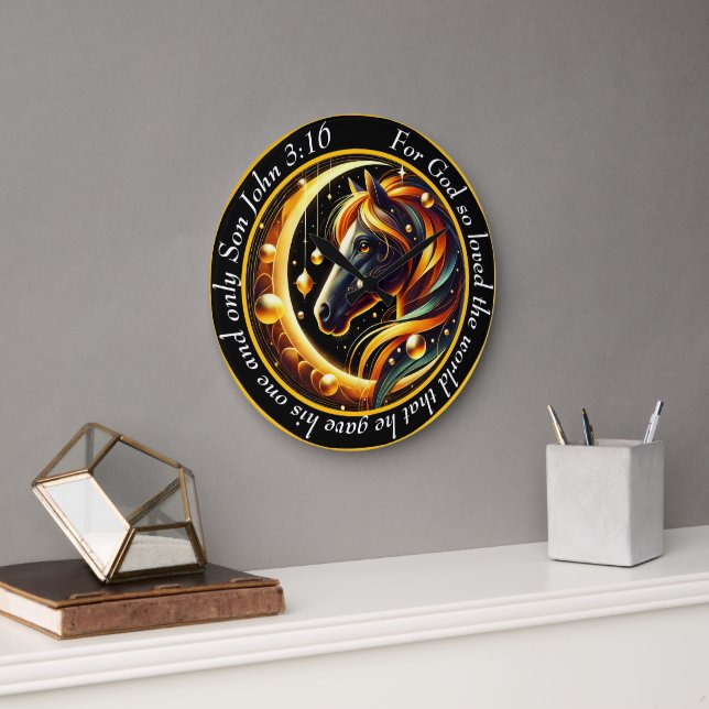 Grande Horloge Ronde John 3:16 Chrétien Cheval Noir Et Blanc Tête (Bureau)