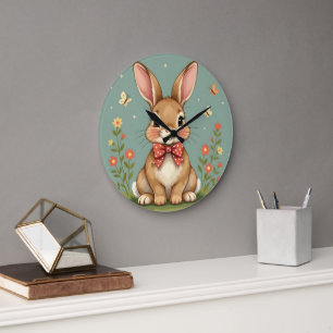 Grande Horloge Ronde Joli adorable lapin brun avec nœud papillon