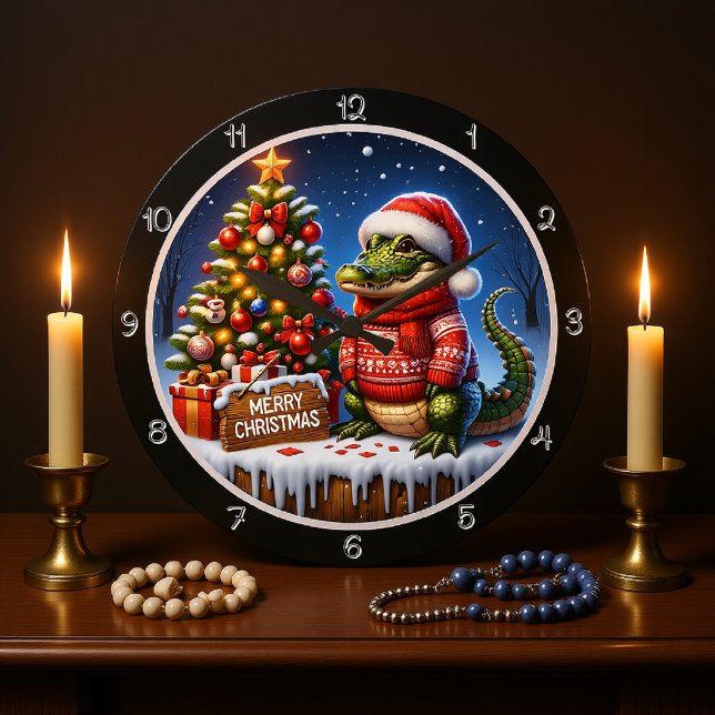 Grande Horloge Ronde Joli Alligator Joyeux Graphique de Noël (Créateur téléchargé)