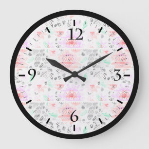 Grande Horloge Ronde Joli aztec floral pastel coloré