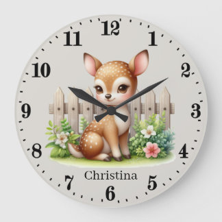 Grande Horloge Ronde Joli bébé fille cerf ajouter nom