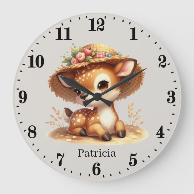 Grande Horloge Ronde Joli bébé fille cerf ajouter nom (Recto)