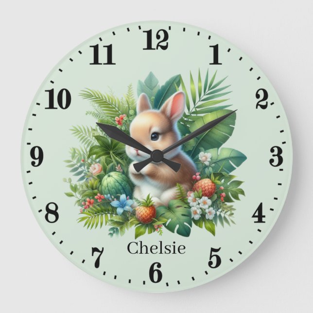 Grande Horloge Ronde Joli bébé lapin ajouter nom (Recto)