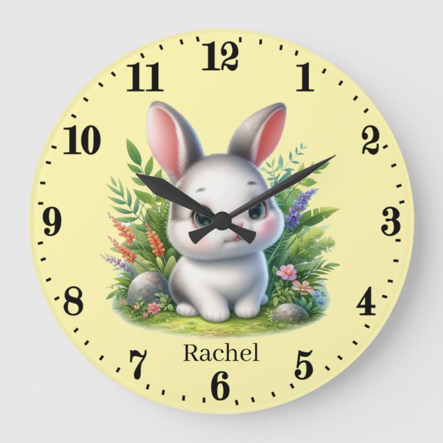 Grande Horloge Ronde Joli bébé lapin ajouter nom (Recto)