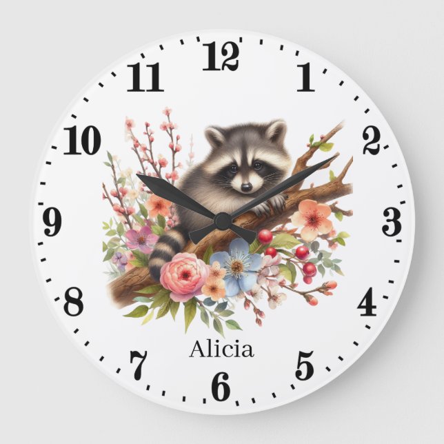 Grande Horloge Ronde Joli bébé raccoon ajouter nom filles pépinière (Recto)