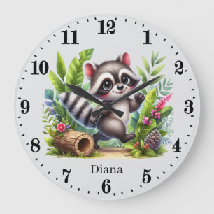 Grande Horloge Ronde Joli bébé raccoon ajouter nom filles pépinière