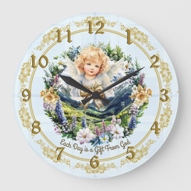 Grande Horloge Ronde Joli bleu Inspirational Angel Cherub (Recto)