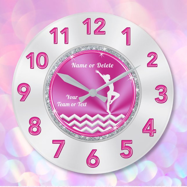 Grande Horloge Ronde Joli cadeau de gymnastique rose et blanc pour les  (Girls gymnastics bedroom decor. Pink, White and Silver, Gymnastics Clock. Gifts for Gymnasts. )