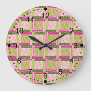 Grande Horloge Ronde Joli Carré Patchwork rose Motif Quilt