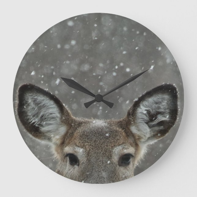 Grande Horloge Ronde Joli Cerf D'Hiver En Neige (Recto)