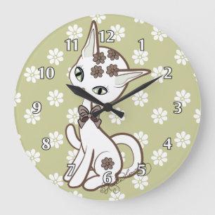 Grande Horloge Ronde Joli chat Kitty Chat en or antique~
