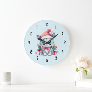 Grande Horloge Ronde Joli chaton en chapeau de Père Noël pour Noël