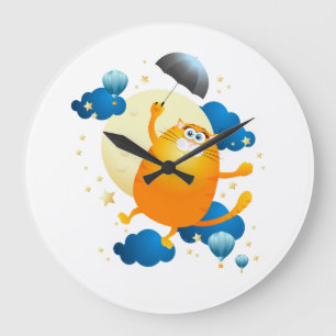 Grande Horloge Ronde Joli Chaton Volant avec Parapluie