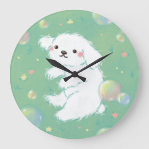 Grande Horloge Ronde Joli chiot avec des bulles et des fleurs
