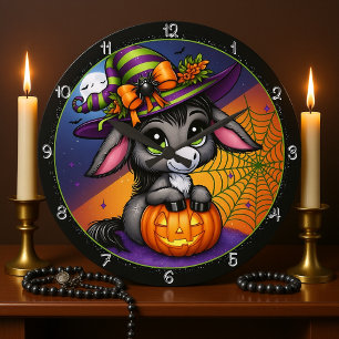 Grande Horloge Ronde Joli Citrouille de sorcière à âne Halloween