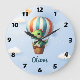 Grande Horloge Ronde Joli Dino Vert S'envole dans une Montgolfière