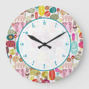 Grande Horloge Ronde Joli Doodle coloré Design floral