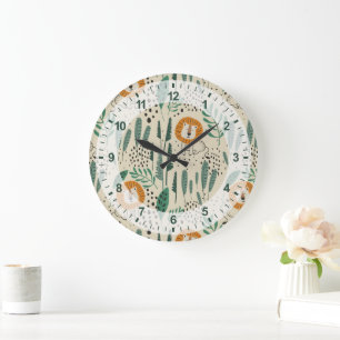 Grande Horloge Ronde Joli Doodle Lion Jungle Rainforest Motif