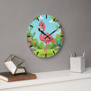 Grande Horloge Ronde Joli flamant rose brillant dans le jardin