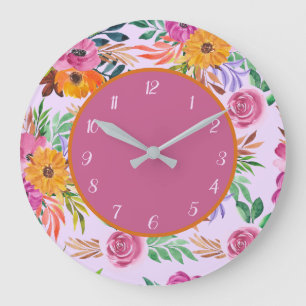 Grande Horloge Ronde Joli Floral Rose Orange Fleur Jaune