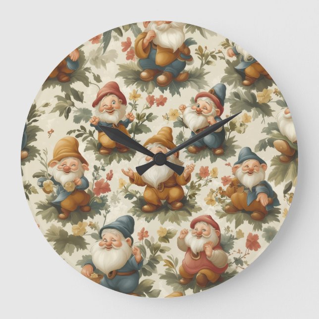 Grande Horloge Ronde Joli gnome et fleurs design (Recto)