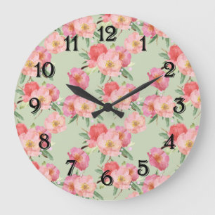 Grande Horloge Ronde Joli Jardin Rose Fleurs Aquarelle