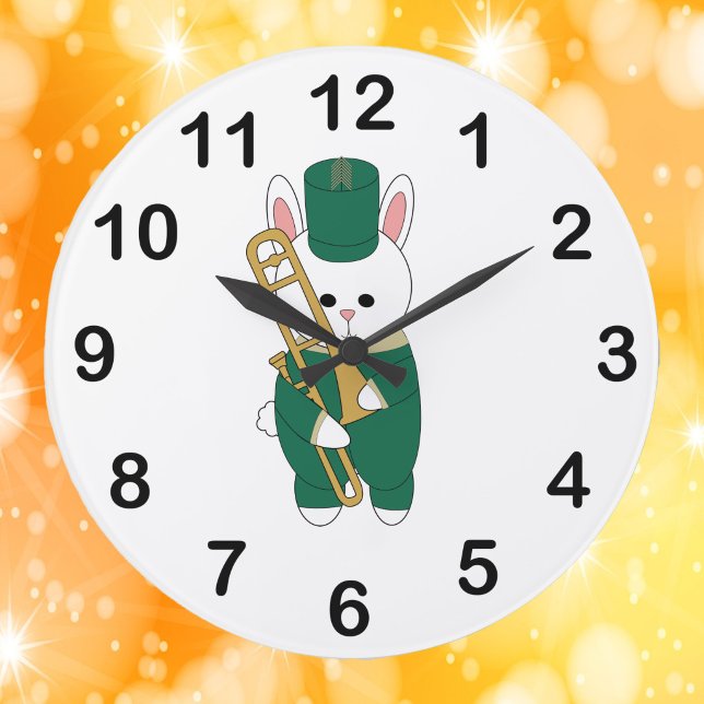 Grande Horloge Ronde Joli lapin trombone vert or (A clock with a rabbit holding a trombone dressed in green & gold.)