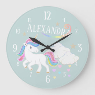 Grande Horloge Ronde Joli licorne pailleté arc-en-ciel avec étoiles et
