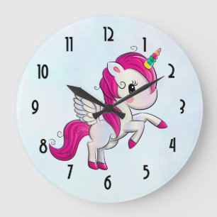 Grande Horloge Ronde Joli licorne rose avec des ailes