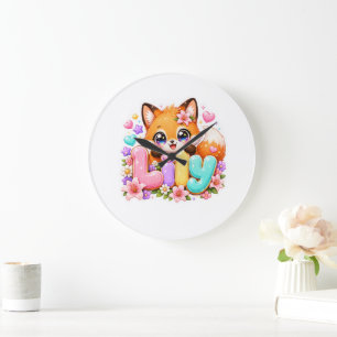 Grande Horloge Ronde Joli Lily Fox Kawaii Nom Pastel Rose Floral Bois