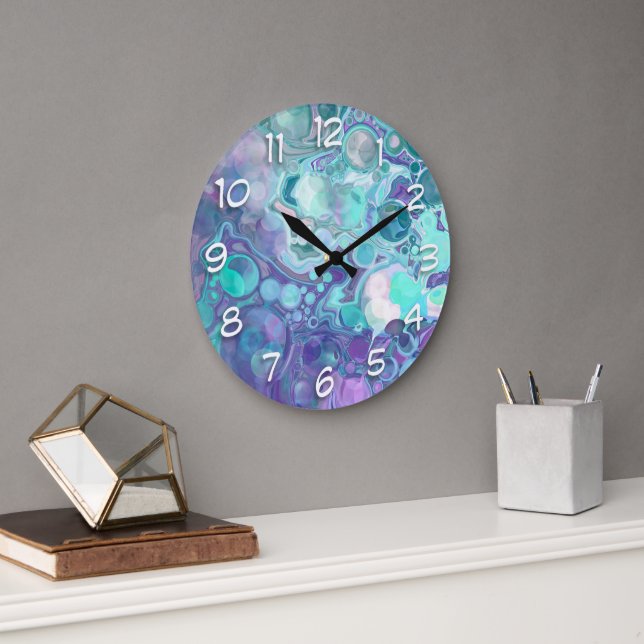 Grande Horloge Ronde Joli marbre Abstrait violet et bleu Faux (Bureau)