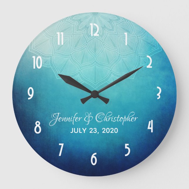 Grande Horloge Ronde Joli Mariage Abstrait Mandala bleu (Recto)