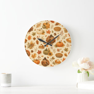 Grande Horloge Ronde Joli motif aquarelle de Thanksgiving avec des dind