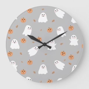 Grande Horloge Ronde Joli motif Halloween gris fantôme et citrouille