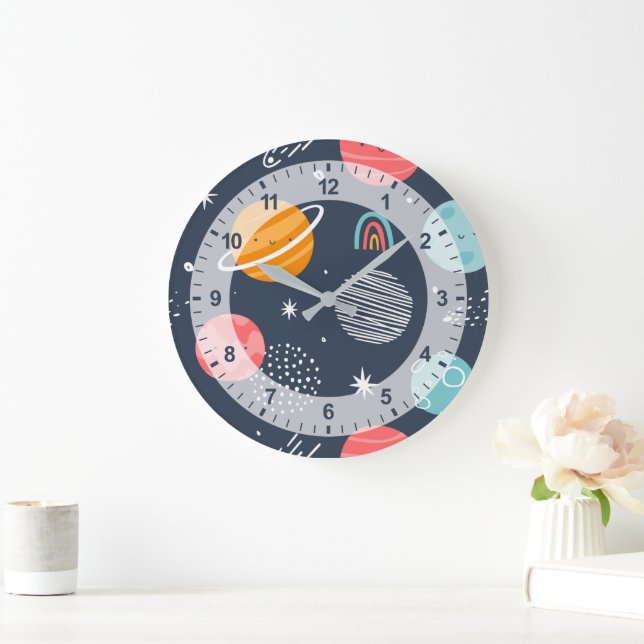 Grande Horloge Ronde Joli Motif Planète Souriante (Maison)
