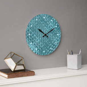 Grande Horloge Ronde Joli motif tissé en faux rotin bleu sarcelle turqu