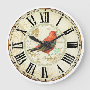Grande Horloge Ronde joli oiseau rouge chiffre romain