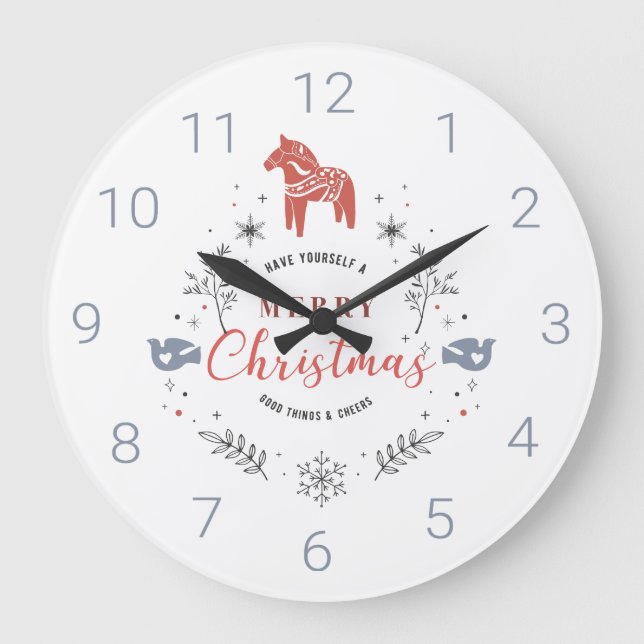 Grande Horloge Ronde Joli ornement de Noël Typographie & animaux (Recto)