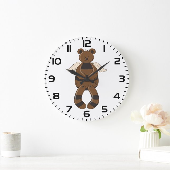 Grande Horloge Ronde Joli ours en peluche marron avec des ailes d'ange (Créateur téléchargé)