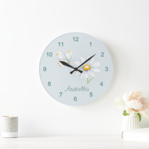 Grande Horloge Ronde Joli papillon et marguerite à l'aquarelle pastel