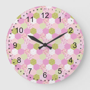 Grande Horloge Ronde Joli Pastel Rose Vert Patchwork Design Quilt