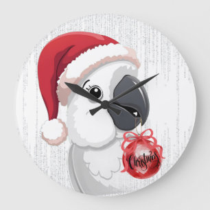 Grande Horloge Ronde Joli perroquet festif chapeau de Père Noël rouge b