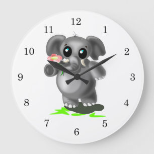 Grande Horloge Ronde Joli petit éléphant avec fleur - Douce