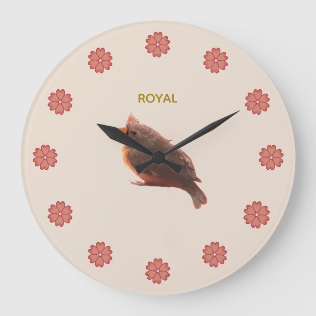 Grande Horloge Ronde Joli Petit Oiseau & Fleurs sur Beige (Recto)