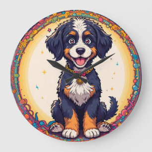Grande Horloge Ronde Joli Puppy coloré dessin de style dessin animé