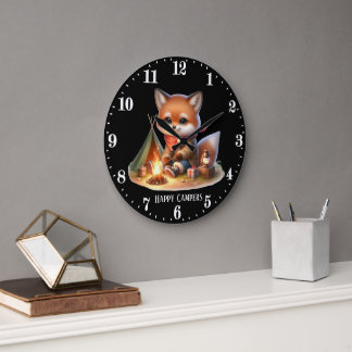 Grande Horloge Ronde Joli renard de camper joyeux ajouter du texte
