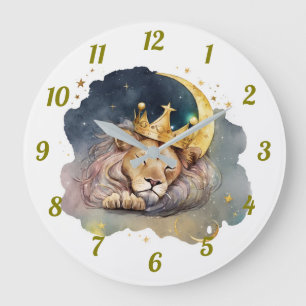 Grande Horloge Ronde Joli roi Lion endormi sur la Lune